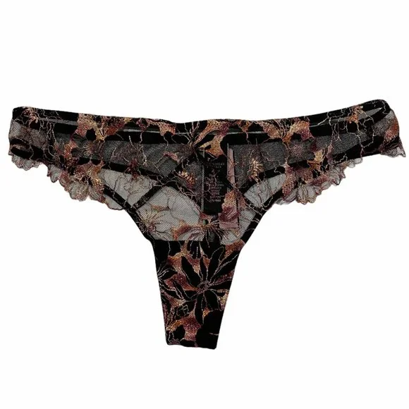 NWT VICTORIA'S SECRET Very Sexy Thong Sz LARGE Black Mesh Lace Metallic Floral - Picture 2 of 7